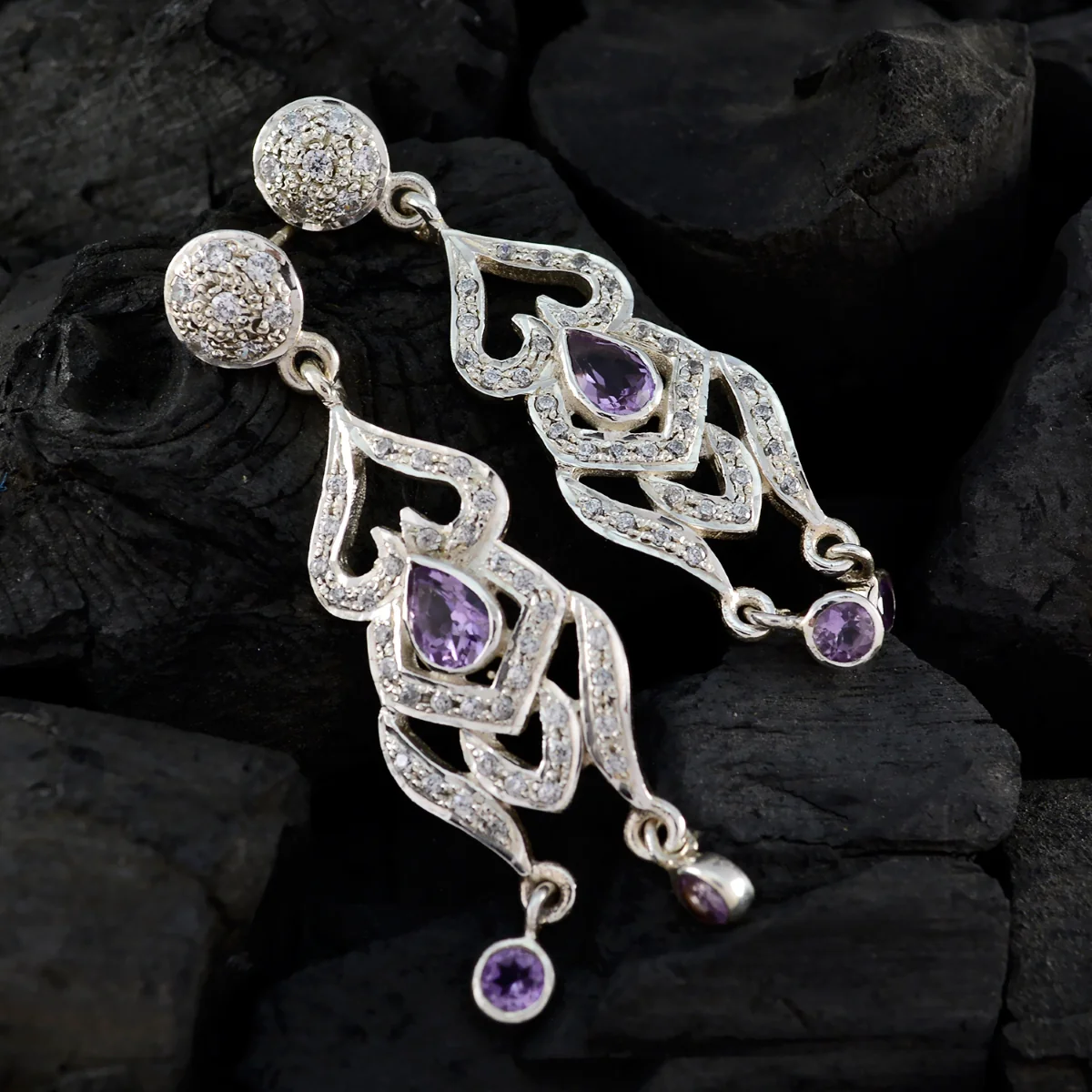 Amethyst Indian Putri multiple Stud Purple Sterling Silver Earring - Image 4