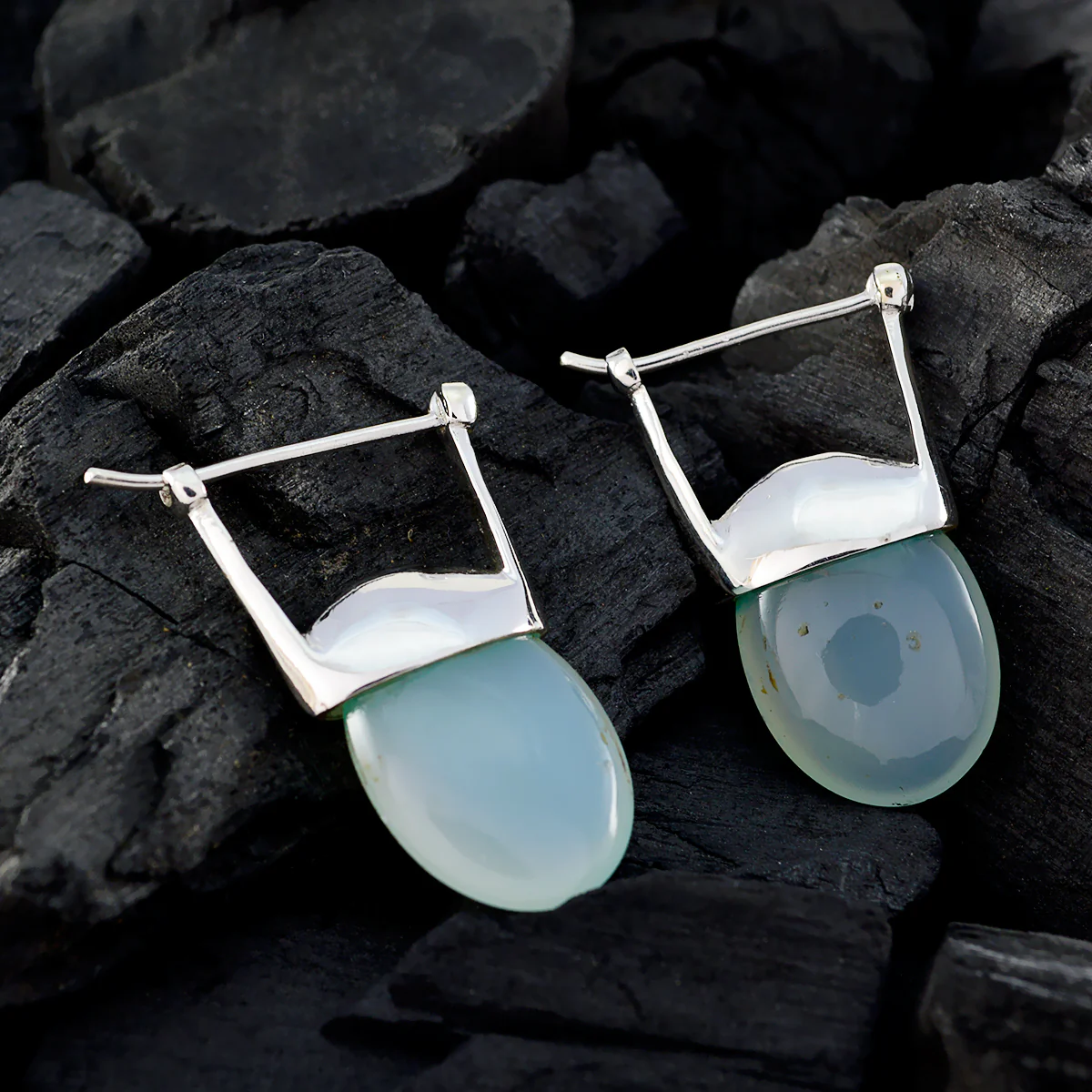 Aqua Chalcedony Middle Eastern Pauline Solitaire Stud Green Sterling Silver Earring - Image 3