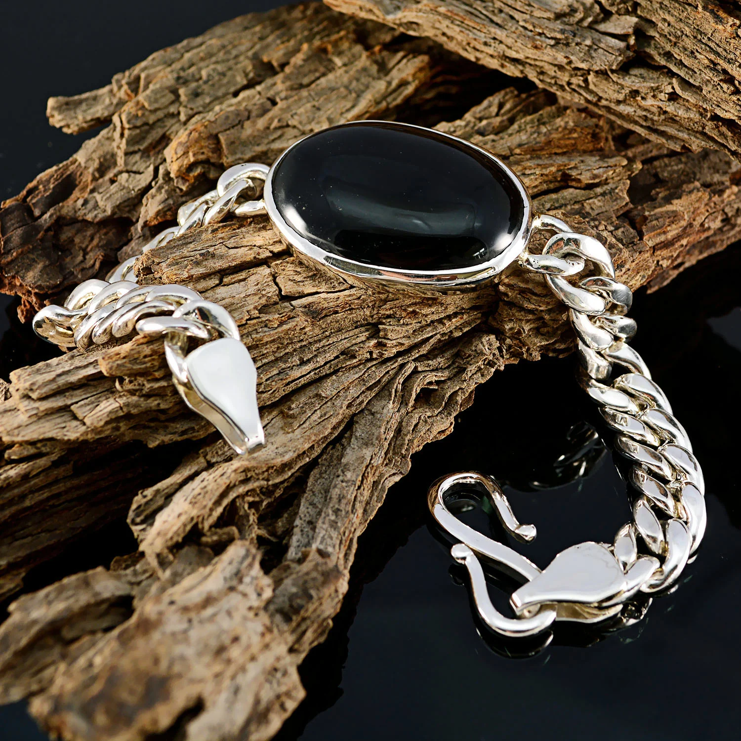Black Onyx Chinese New Year Edgy Black Silver Chain Bracelet - Image 3