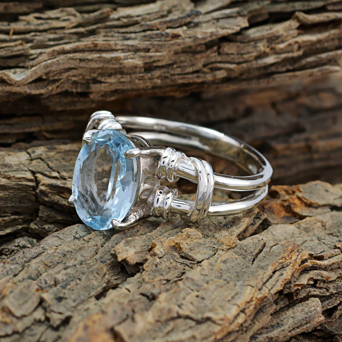 Blue Topaz Solitaire Spanish 925 Sterling Silver Blue Gems Eye-catching Rope-Wire Ring Jewelry - Image 4