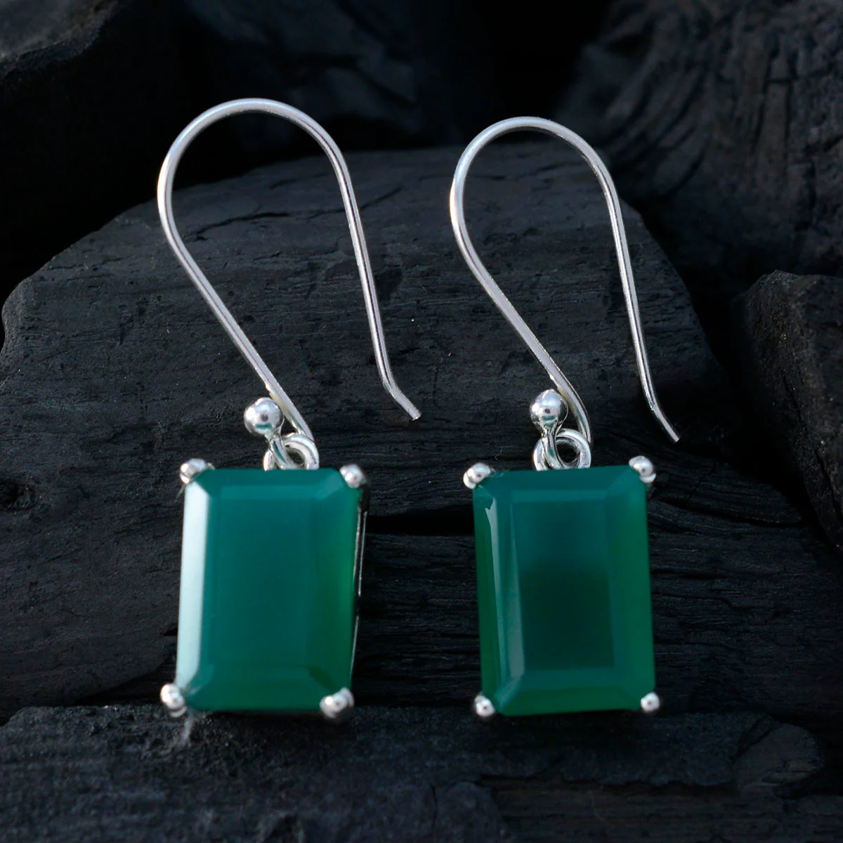 Green Onyx French Julia Solitaire Dangle Green 925 Silver Earring - Image 3