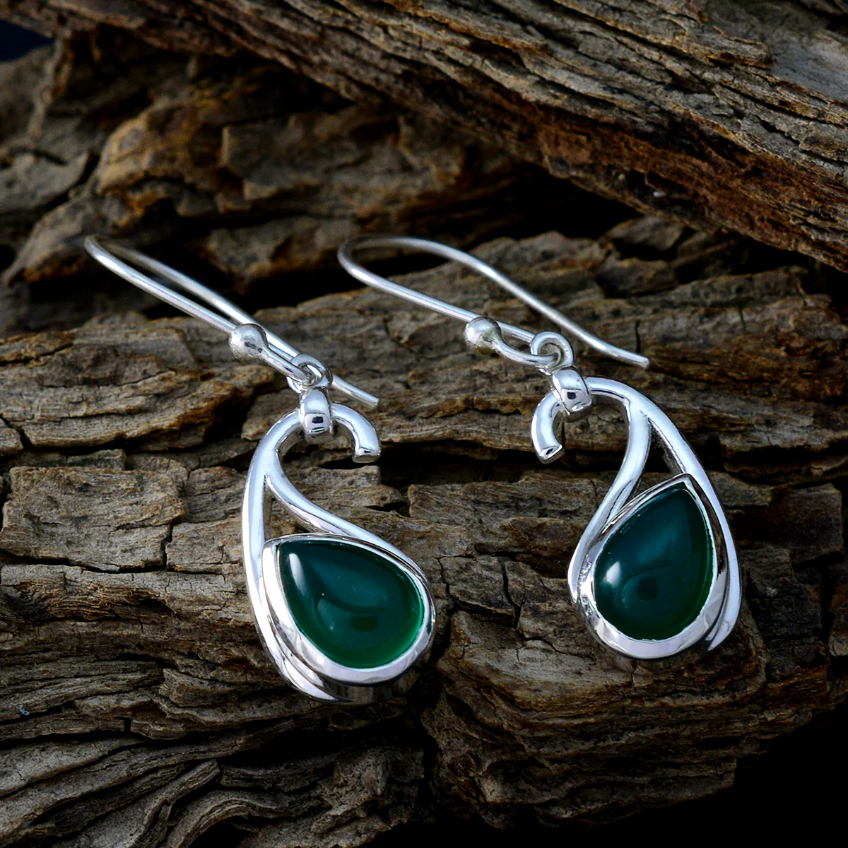 Green Onyx Japanese Elena Solitaire Dangle Green 925 Silver Earring - Image 3