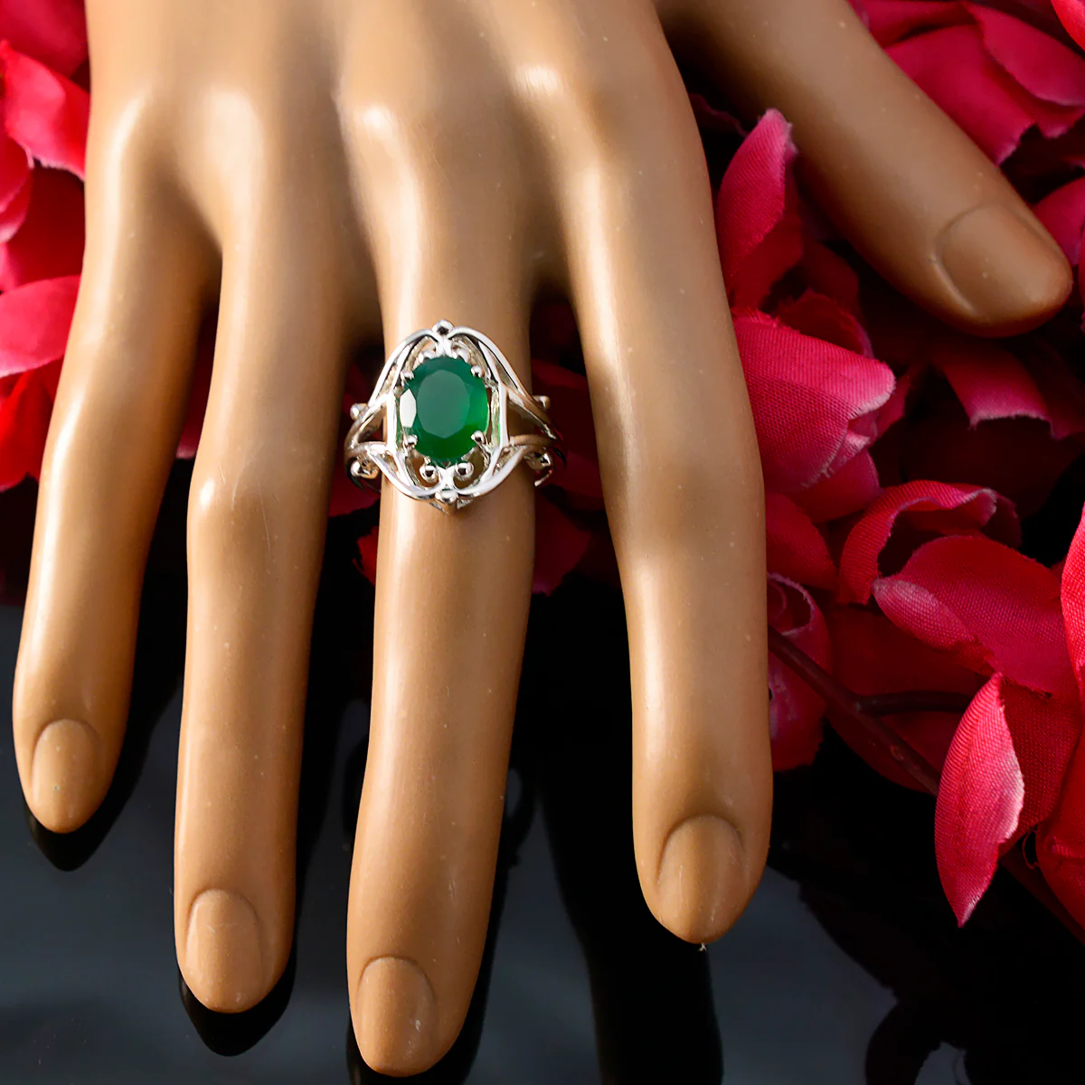 Green Onyx Solitaire Russian 925 Sterling Silver Green Gemstone Tiny Traditional Ring Jewelry - Image 5