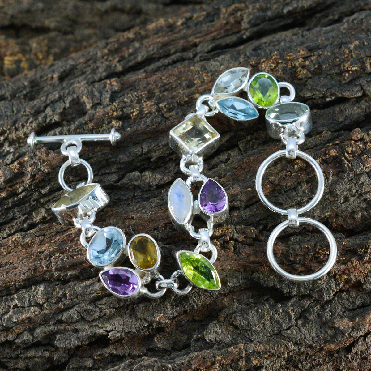 Multi Gemstone Rain Season Eye-catching multicolor Silver Links Bracelet - Image 4