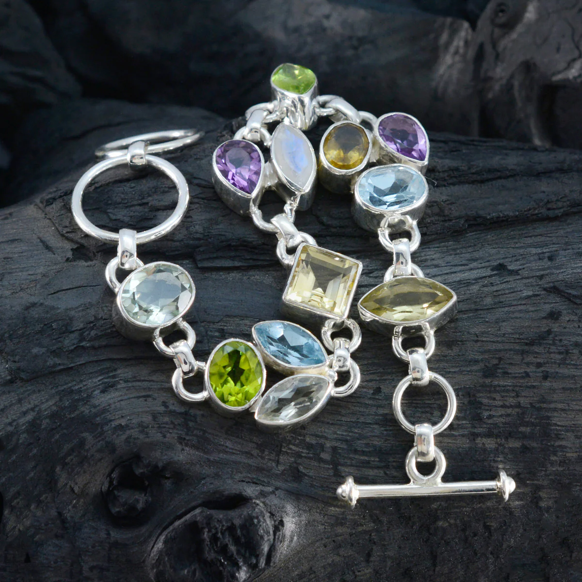 Multi Gemstone Rain Season Eye-catching multicolor Silver Links Bracelet - Image 5
