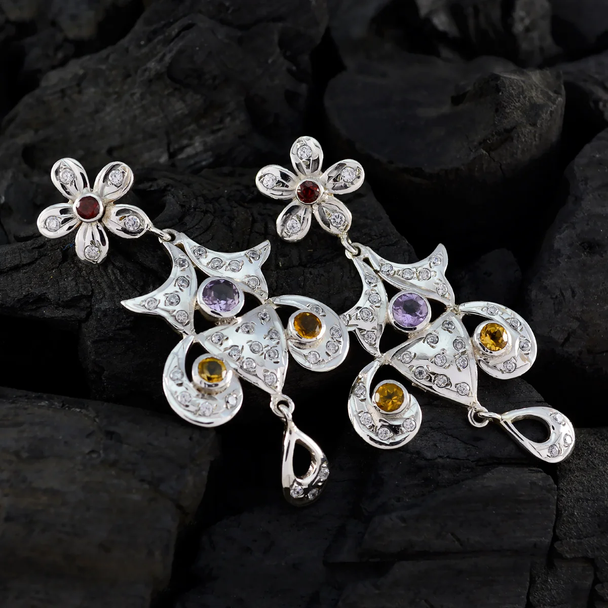 Multi Indian Siti multiple Stud multicolor 92.5 Silver Earring - Image 4