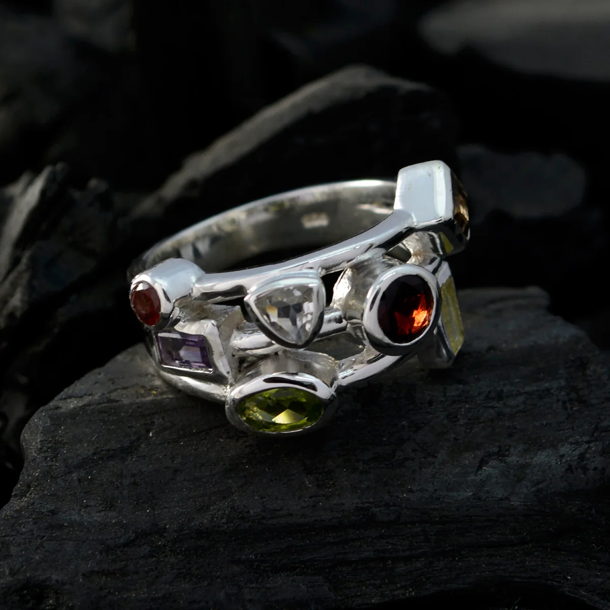 Multi Stone multiple Egyptian Sterling Silver multicolor Gems Versatile Cocktail Ring Jewelry - Image 4