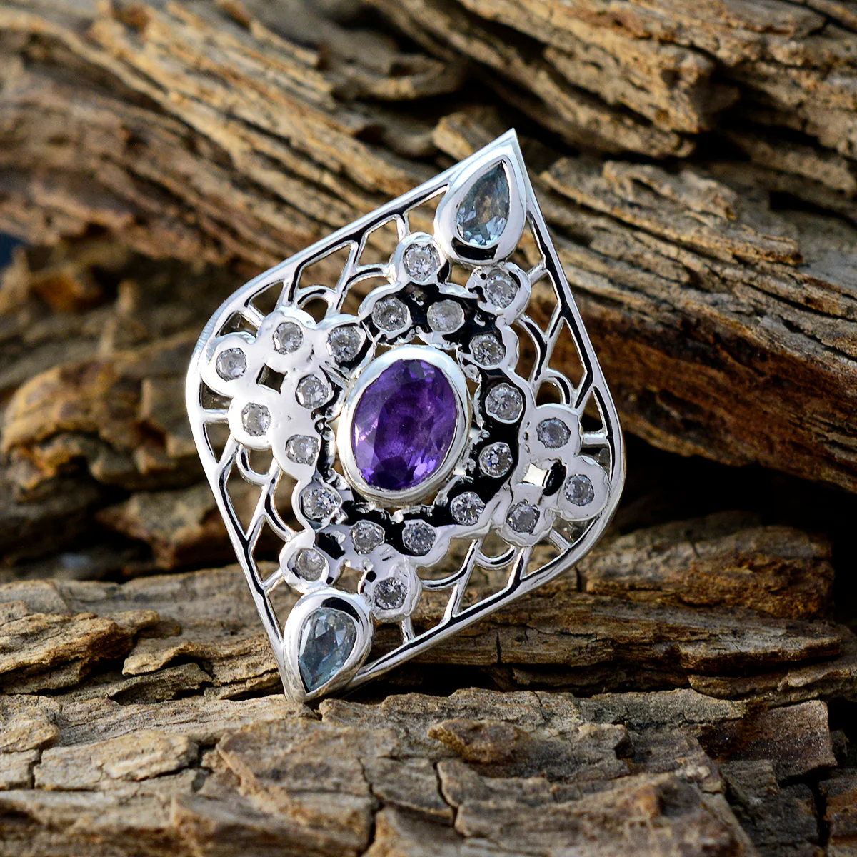 Multi Stone multiple French Silver multicolor Gems Eye-catching Cocktail Ring Jewelry - Image 3