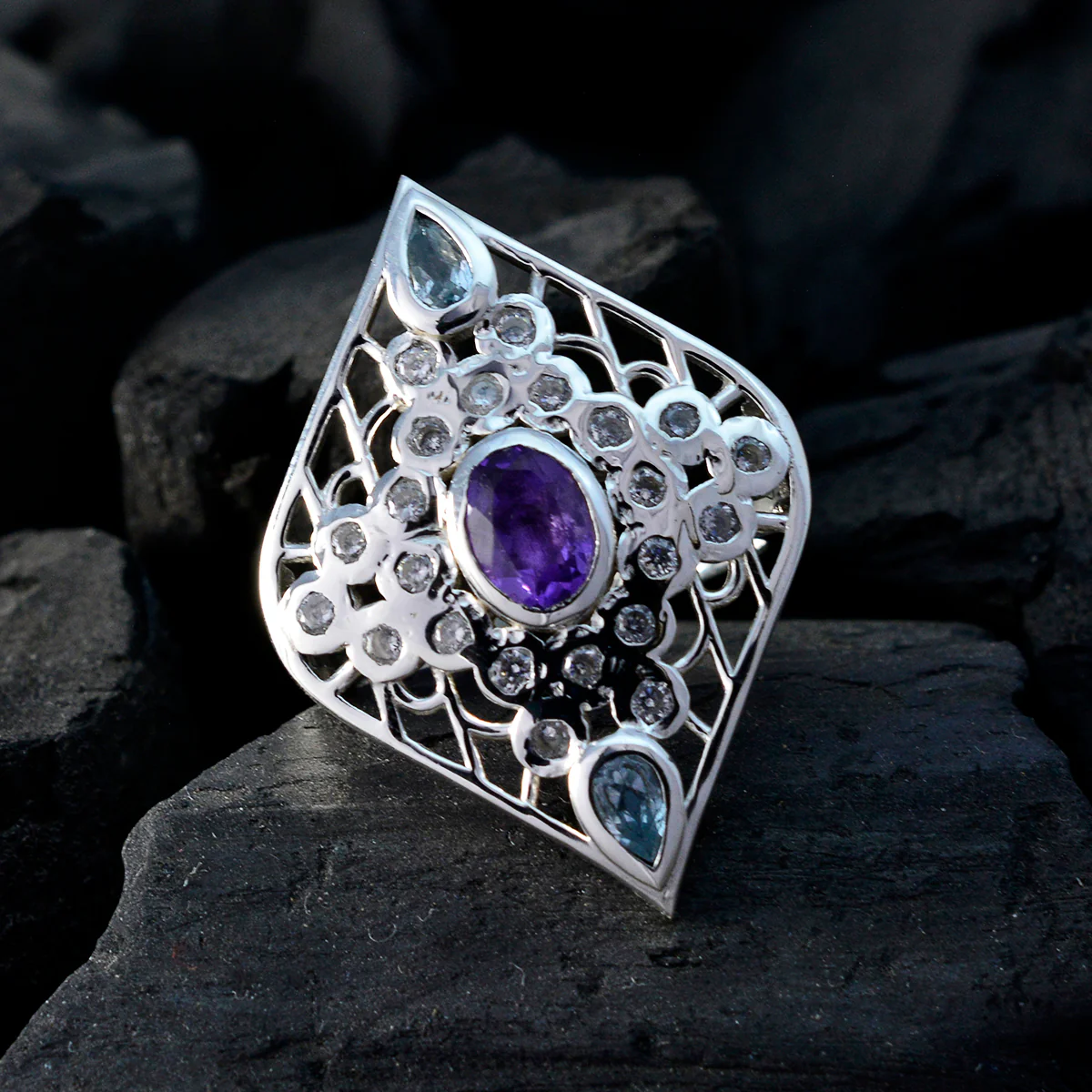 Multi Stone multiple French Silver multicolor Gems Eye-catching Cocktail Ring Jewelry - Image 4