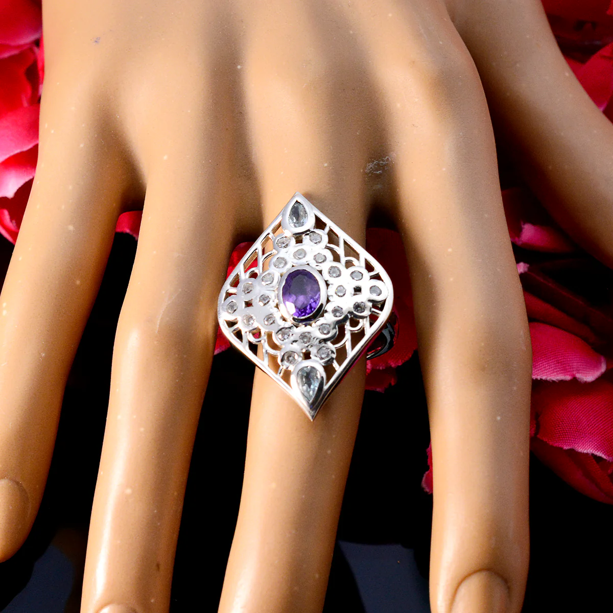 Multi Stone multiple French Silver multicolor Gems Eye-catching Cocktail Ring Jewelry - Image 5