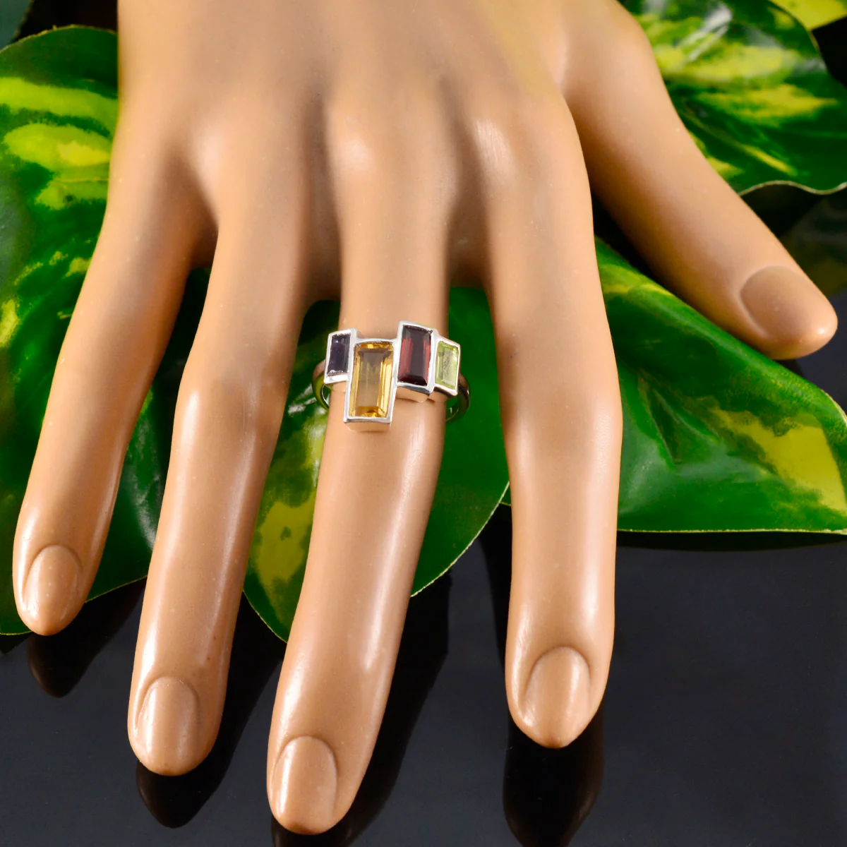 Multi Stone quarter French Sterling Silver multicolor Gemstone Featherlight Glamorous Ring Jewelry - Image 5