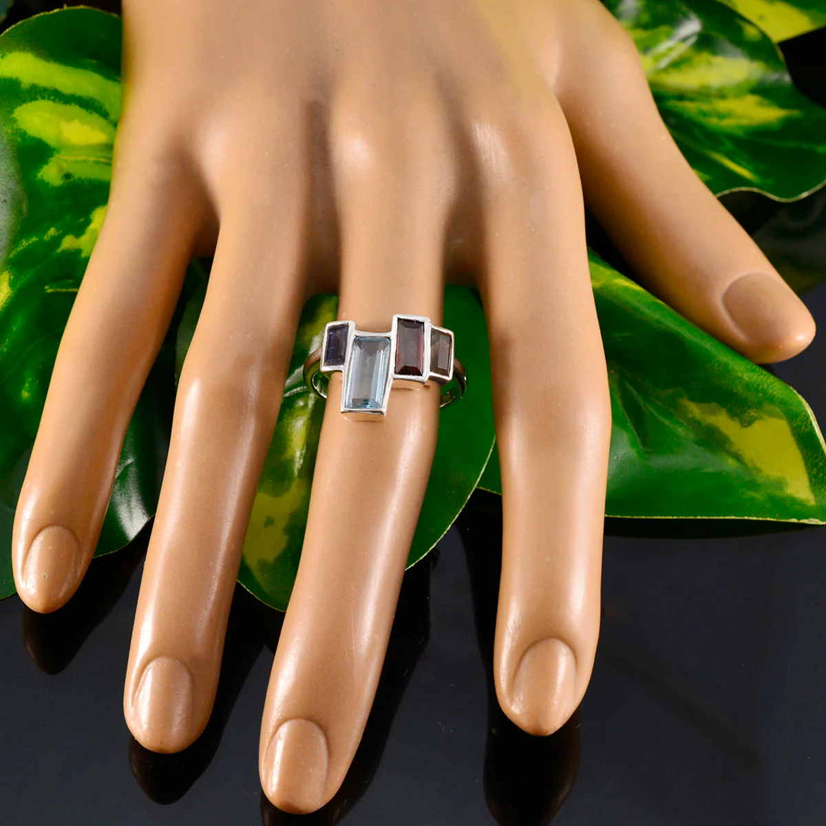 Multi Stone quarter Indian Sterling Silver multicolor Gemstones Featherlight Cocktail Ring Jewellery - Image 5