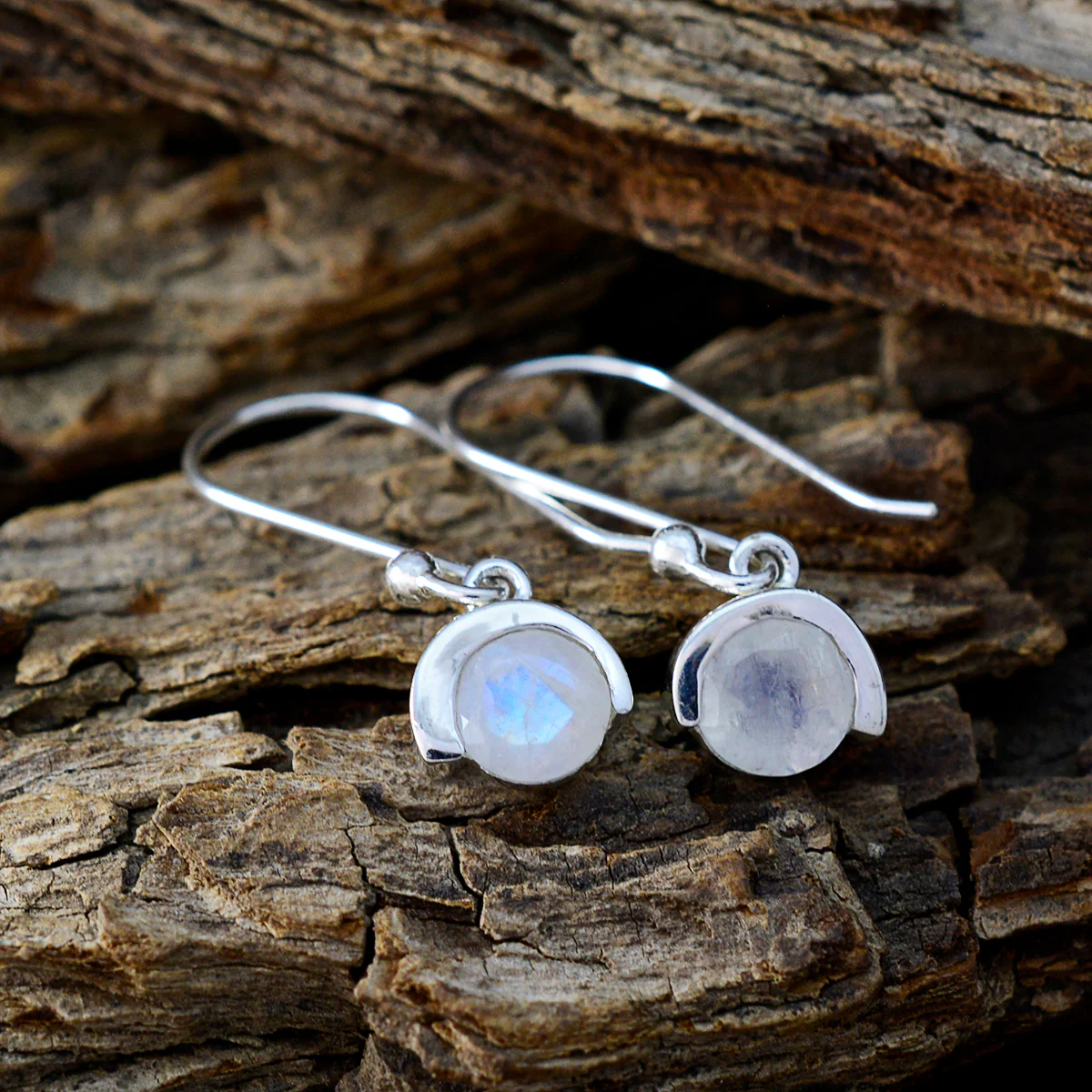 Rainbow Moonstone African Anna Solitaire Dangle White Silver Earring - Image 3