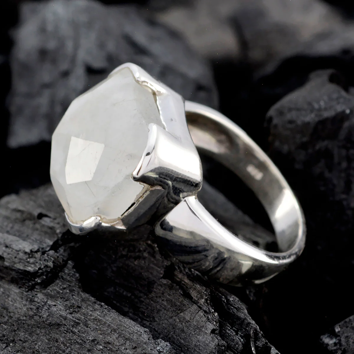 Rainbow Moonstone Solitaire German Silver White Gemstones Edgy Armor Ring Jewellery - Image 3