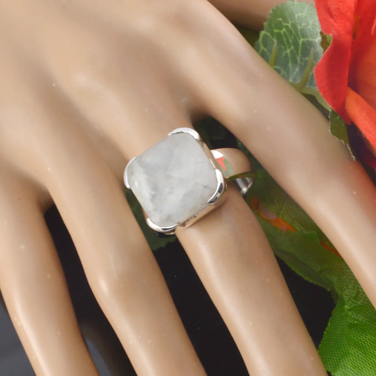 Rainbow Moonstone Solitaire German Silver White Gemstones Edgy Armor Ring Jewellery - Image 4