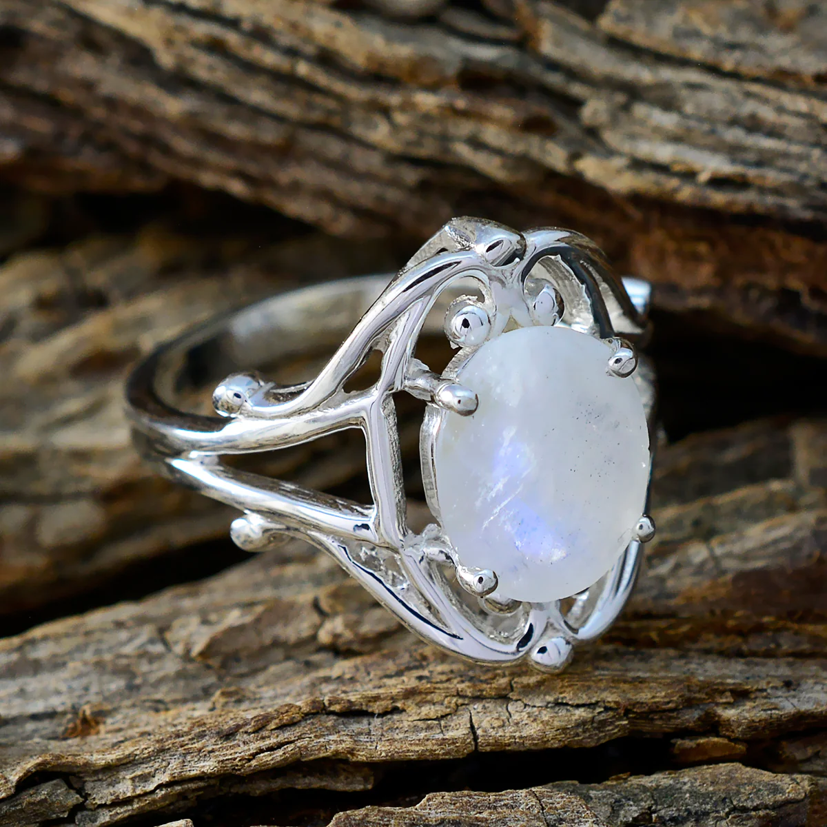 Rainbow Moonstone Solitaire Moroccan Silver White Gemstones Tiny Modern Ring Jewellery - Image 3