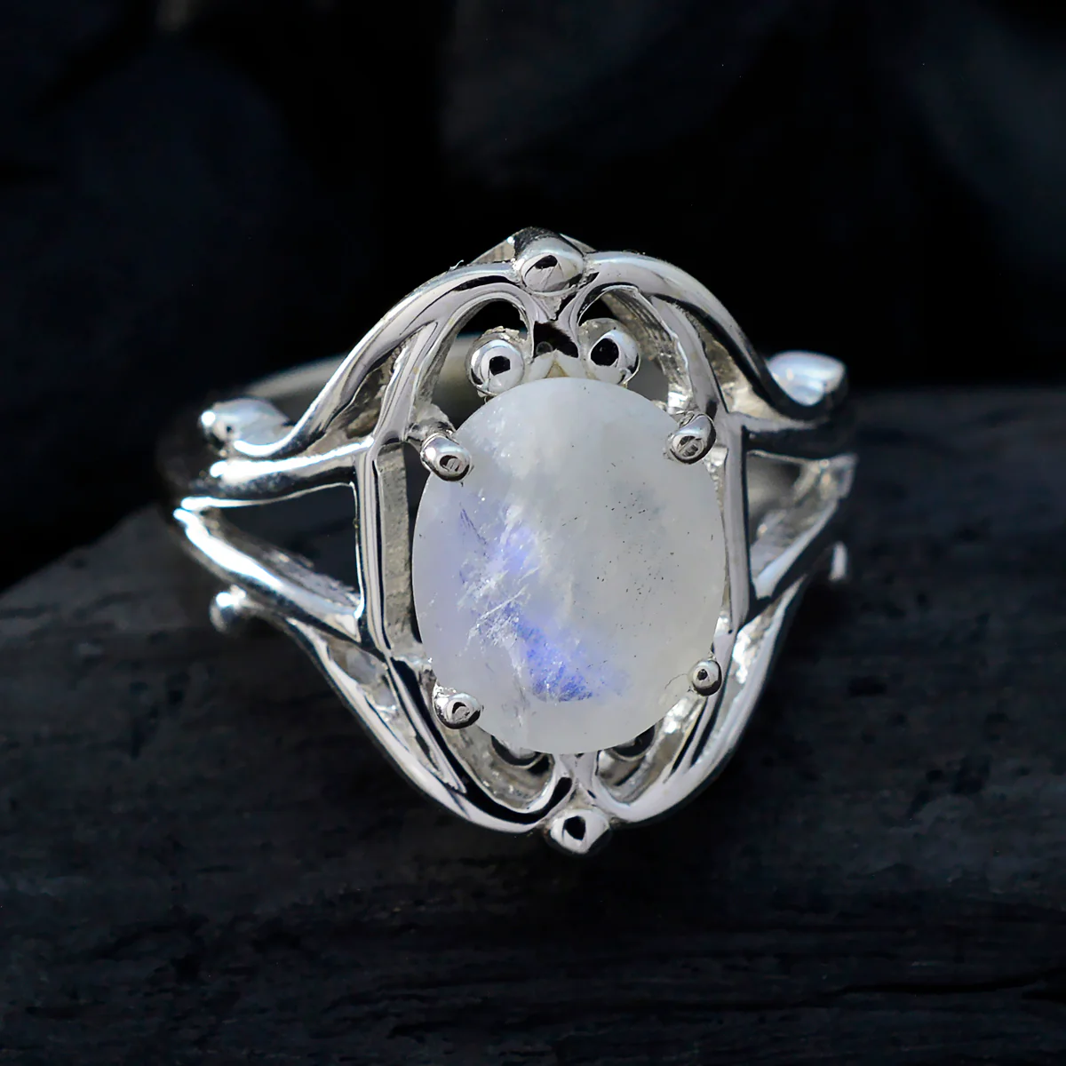 Rainbow Moonstone Solitaire Moroccan Silver White Gemstones Tiny Modern Ring Jewellery - Image 4