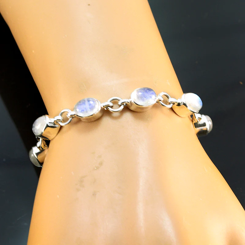 Rainbow Moonstone St Patrick’s Day Tiny White Sterling Silver Links Bracelet - Image 4
