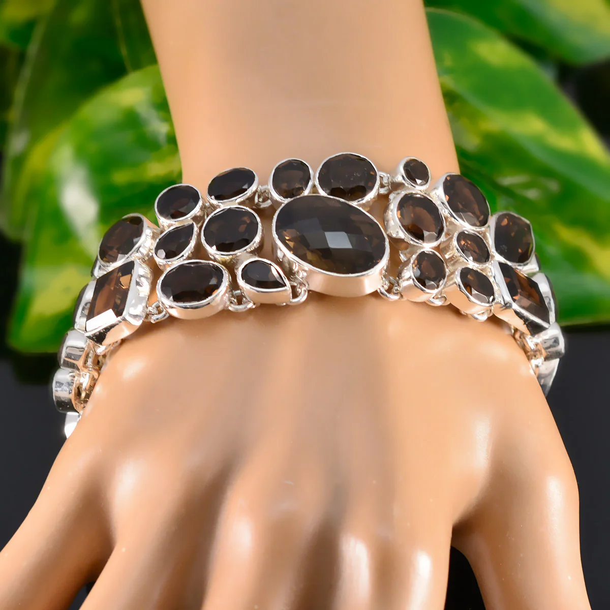Smoky Quartz Valentine's Day Statement Brown Silver Links Bracelet - Image 6