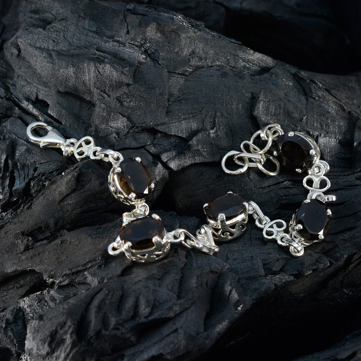 Smoky Quartz White Day Featherlight Brown Silver Links Bracelet - Image 5